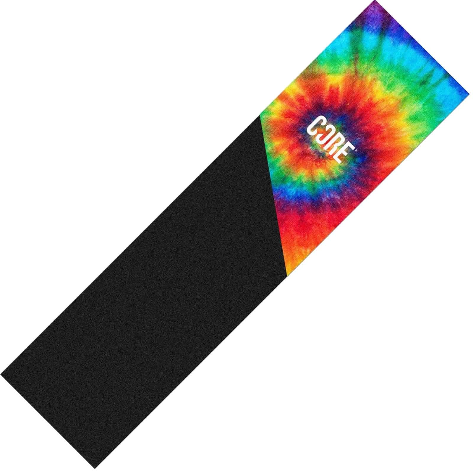 A skateboard deck featuring a vibrant tie-dye design on the top half with a black bottom half and "CORE" in white at the center of the pattern matches perfectly with CORE's Split Stunt Scooter Griptape - Tie Dye for enhanced style and grip.