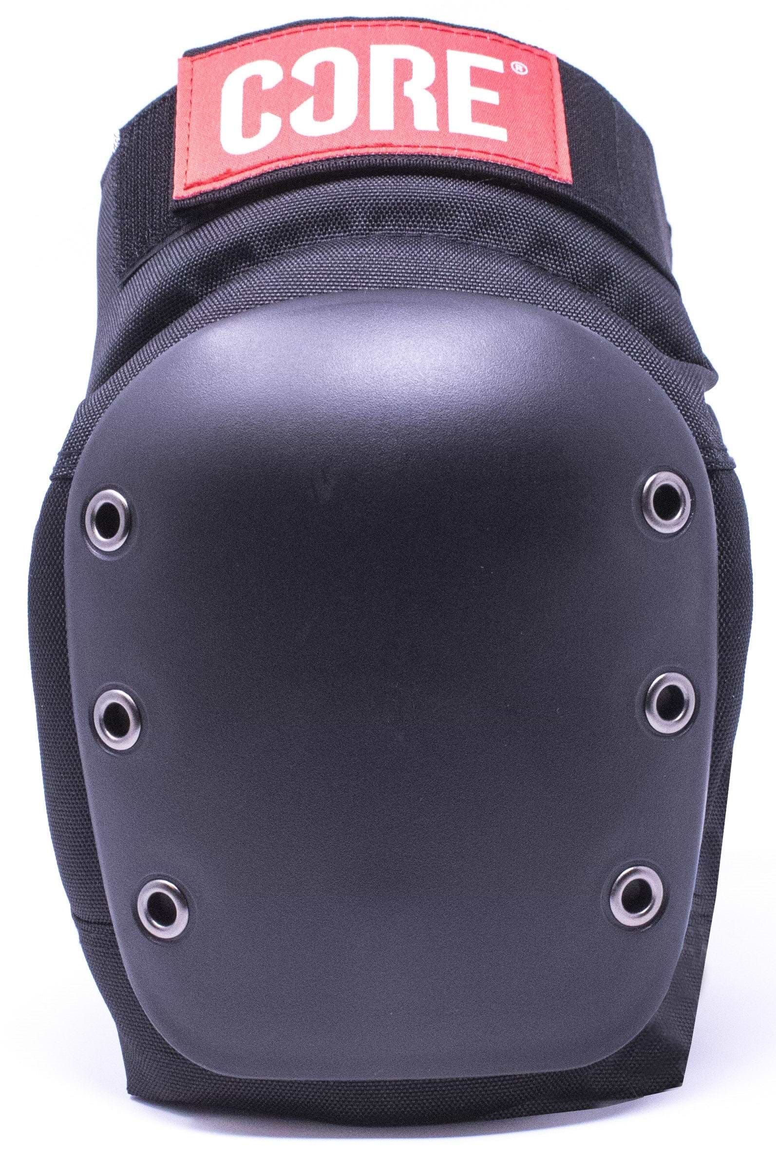 The CORE Pro Street Knee Skate Protection Pads in black are designed with a breathable neoprene construction and six metal rivets, featuring a red "CORE" label on the upper strap. They have a hard shell for impact resistance and EVA foam for enhanced comfort, ensuring superior knee protection.