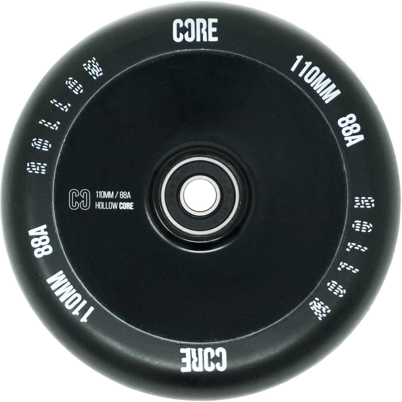 The CORE Hollow Core V2 110mm Stunt Scooter Wheel in black showcases a sophisticated hollow core design, with "CORE" and "110MM 88A" elegantly inscribed around the wheel’s rim in crisp white text. It is equipped with high-precision ABEC-9 bearings at the center.