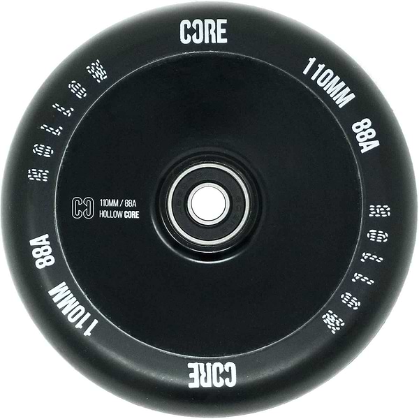The CORE Hollow Core V2 110mm Stunt Scooter Wheel in black showcases a sophisticated hollow core design, with "CORE" and "110MM 88A" elegantly inscribed around the wheel’s rim in crisp white text. It is equipped with high-precision ABEC-9 bearings at the center.