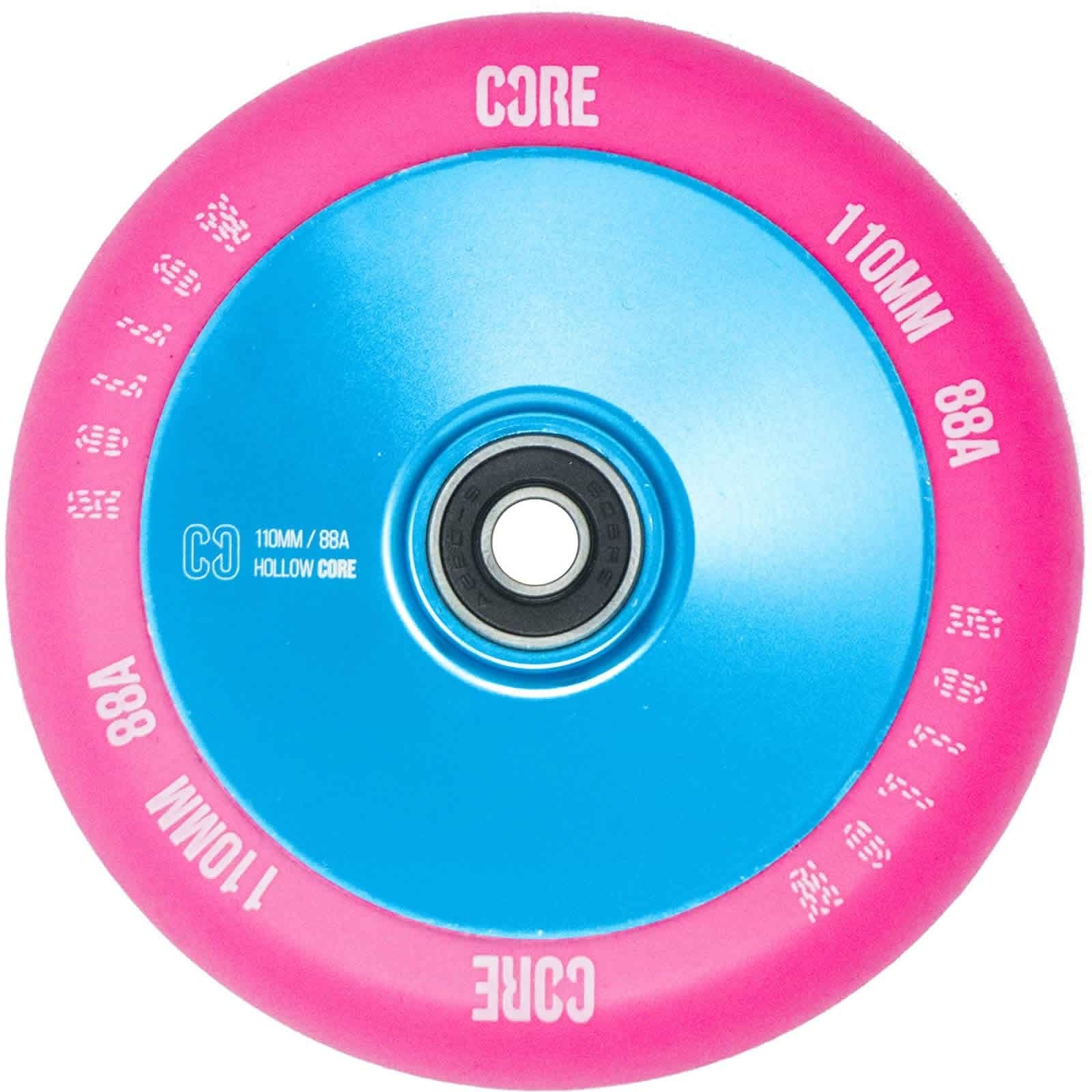 The CORE Hollow Core V2 110mm Stunt Scooter Wheel in Pink and Blue highlights a hollow core design with a vibrant pink outer rim and blue inner hub. The bold white text displays "CORE" and "110MM 88A HOLLOW CORE," while the central black ABEC-9 bearing enhances precision during your ride.