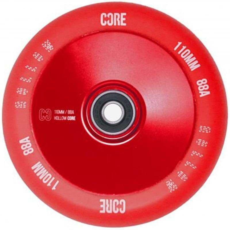 Introducing the CORE Hollow Core V2 110mm Stunt Scooter Wheel in Red, featuring a striking solid red design with "CORE" and "110MM 88A" text around the edge. Crafted for high-performance rides, this lightweight wheel boasts a hollow core center, making it an ideal upgrade for your stunt scooter.