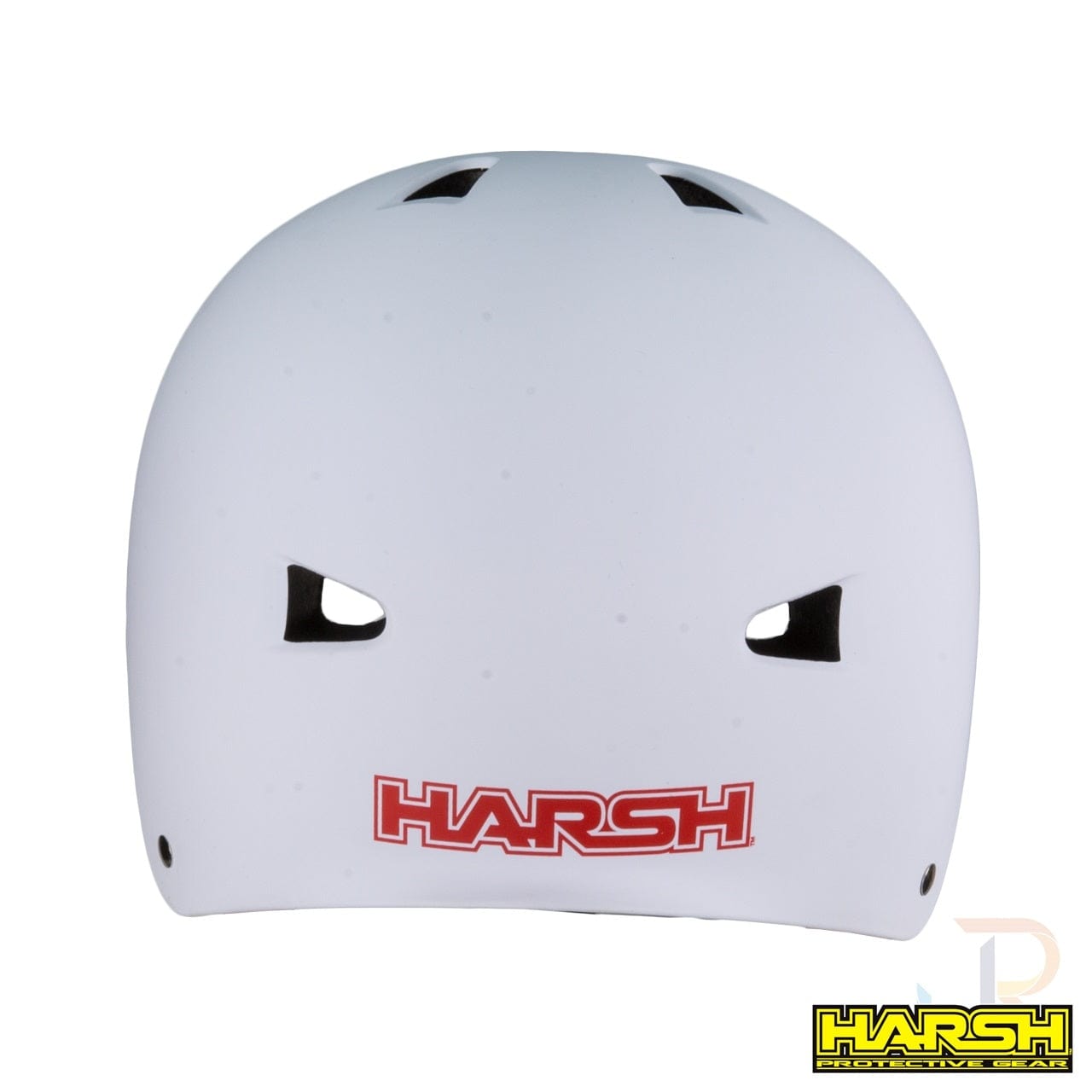 The Harsh ABS Skate/Scooter Helmet in white, ideal for scooter riding, features dual rectangular vents at the front and displays the "HARSH" brand name in red lettering, providing high impact absorbing protection.