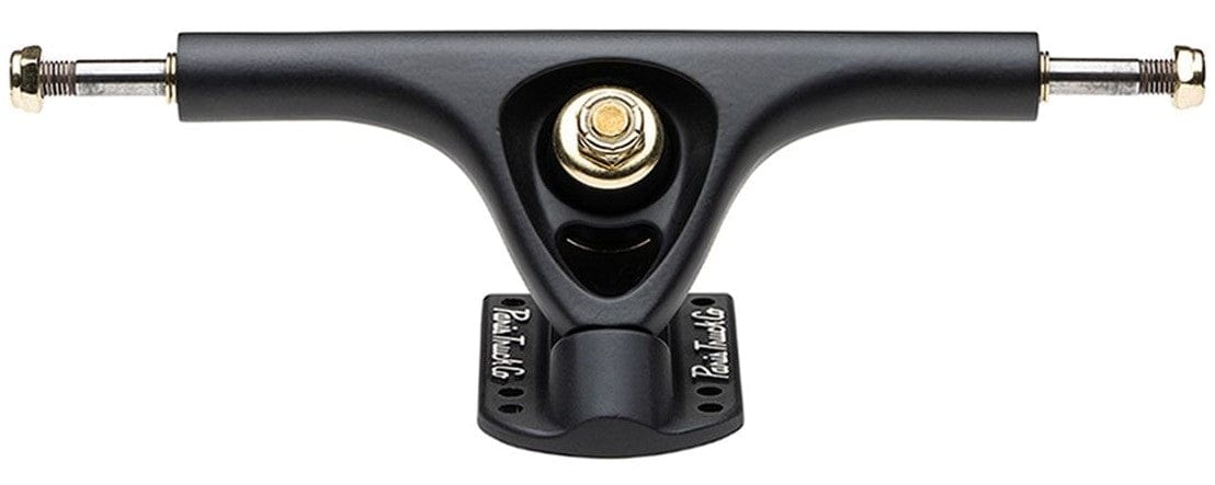 A front view of a black skateboard truck highlights its durability, featuring a central bolt and gold-colored hardware. The Paris brand name is prominently displayed on the baseplate of the Paris V3 Matt Black Longboard Trucks (Pair) - 180mm, showcasing both strength and style.