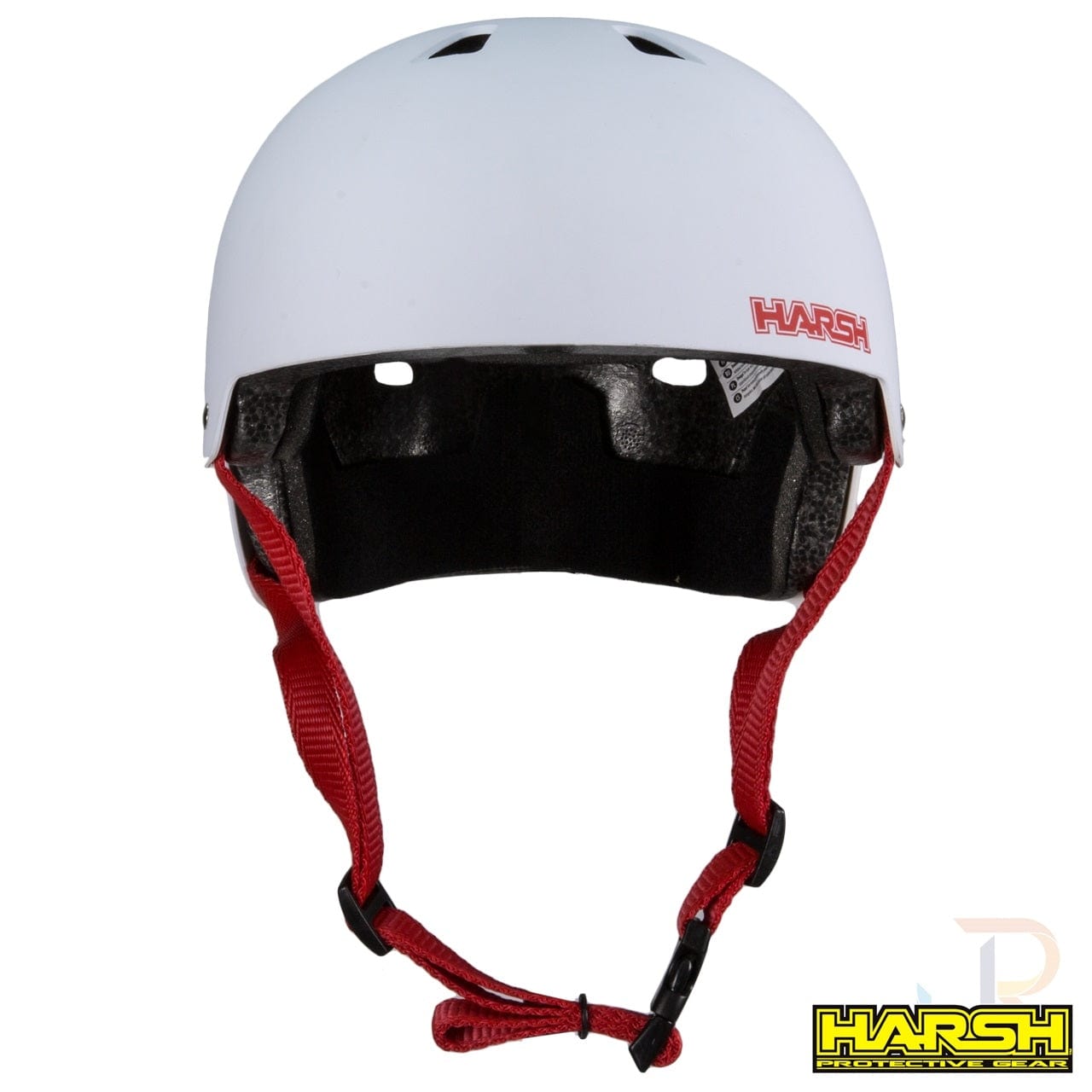 A Harsh ABS Skate/Scooter Helmet in white is displayed against a simple backdrop, showcasing its red chin strap. This helmet is perfect for scooter riding and prominently features the brand name "Harsh" in red lettering on the side, ensuring high-impact absorbing protection.