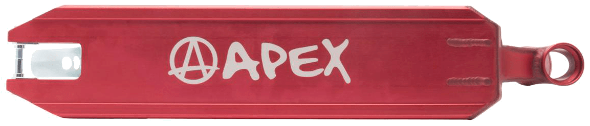 The Apex Pro Red Stunt Scooter Deck, measuring 4.5" x 19.3", showcases a vibrant red design adorned with a white "APEX" logo and an anarchy symbol. This sturdy scooter deck is designed for easy assembly, featuring a cutout at one end and a ring at the other.