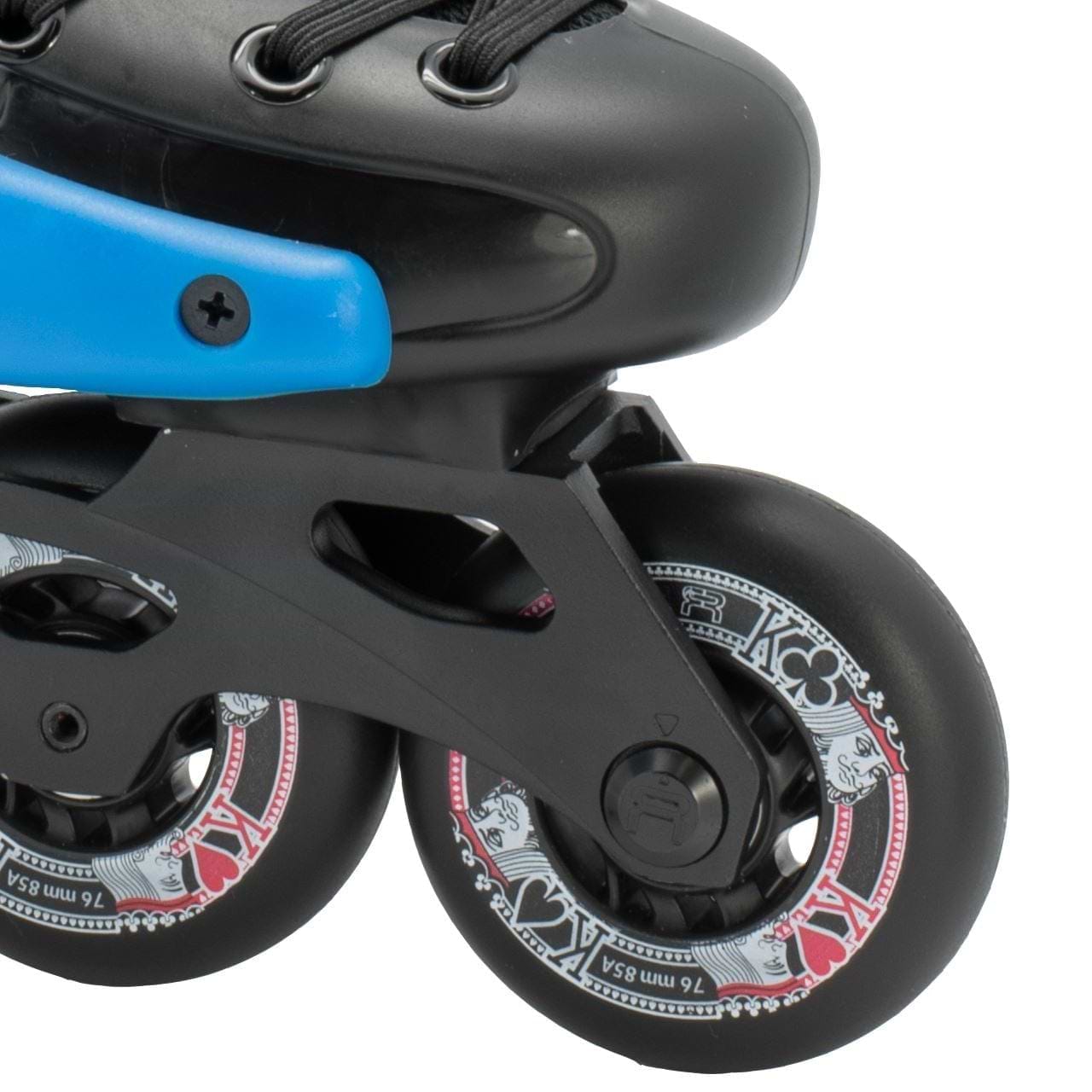 Close-up of a pair of FR Skates Junior Adjustable Inline Skates - Black, featuring black polyurethane wheels with a red and white design. The frame is black with a blue accent, showing part of the boot and laces above.