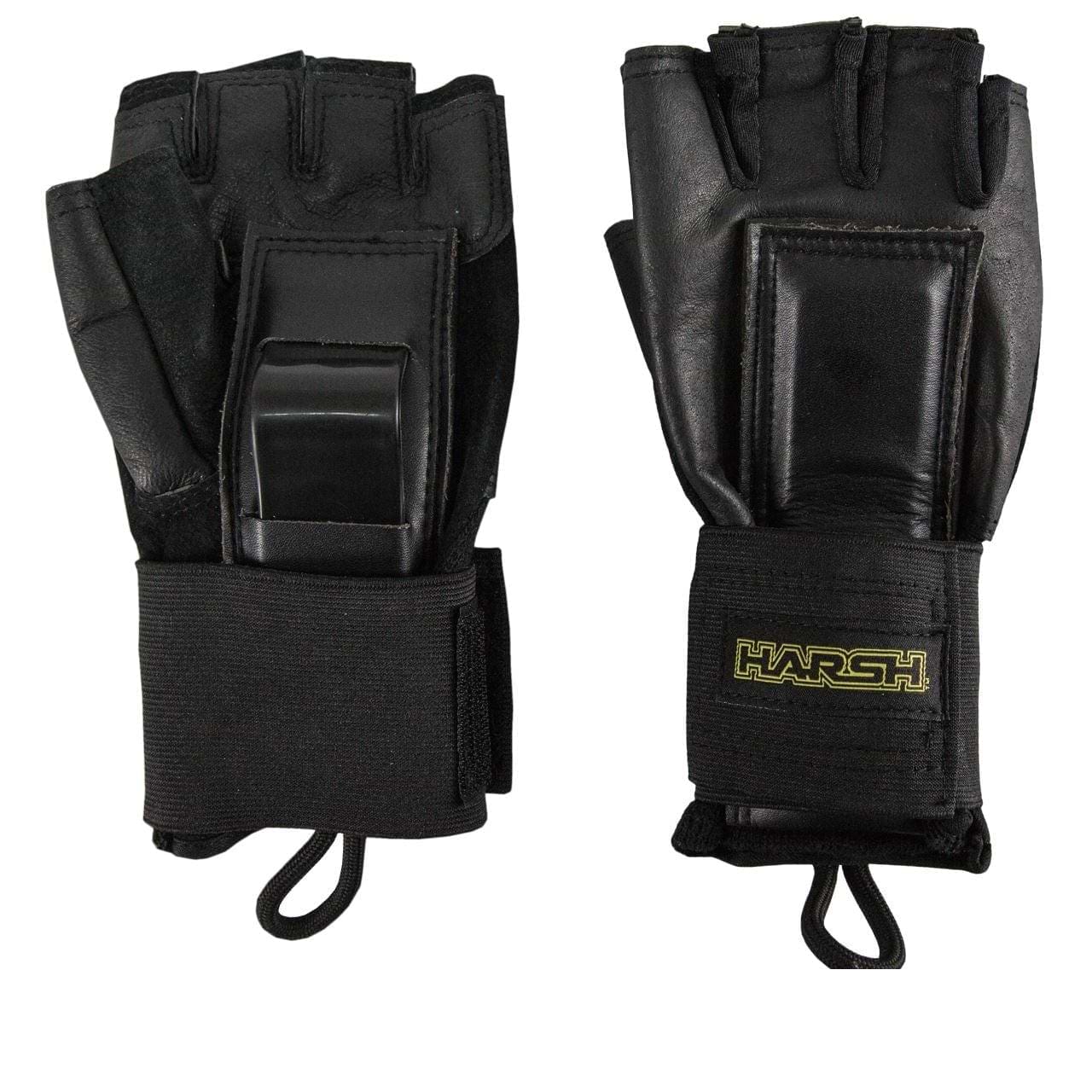 A pair of Harsh Pro Skate Protection Wrist Guard Gloves in black, featuring padded knuckles, shock-absorbing wrist supports, adjustable straps, and the "Harsh" brand name on one glove.