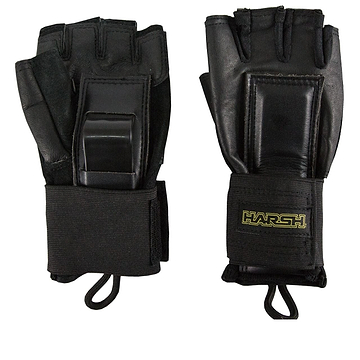 A pair of Harsh Pro Skate Protection Wrist Guard Gloves in black, featuring padded knuckles, shock-absorbing wrist supports, adjustable straps, and the "Harsh" brand name on one glove.