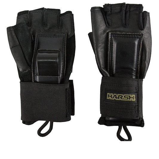 A pair of Harsh Pro Skate Protection Wrist Guard Gloves in black, featuring padded knuckles, shock-absorbing wrist supports, adjustable straps, and the "Harsh" brand name on one glove.