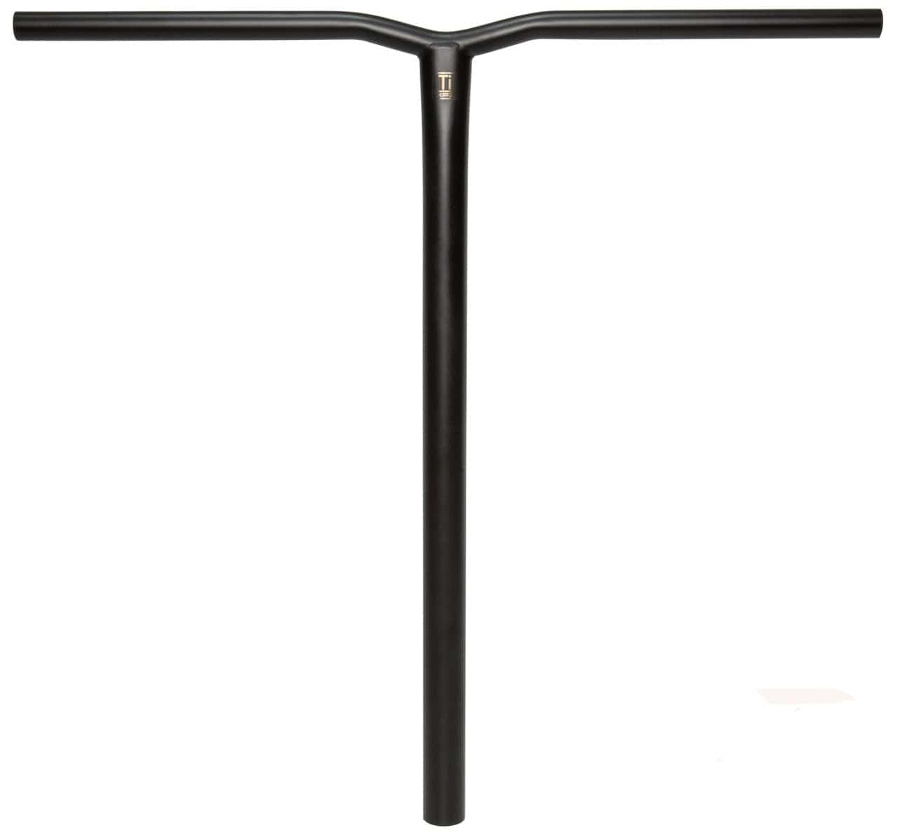 Made from Grade 9 Titanium, the Matt Black MGP MFX BAMF Oversized SCS Stunt Scooter Bar showcases a sleek, minimalist T-shape. It features slightly upward-angled ends on the horizontal bar and a small logo at the center of the vertical bar. This handlebar is an ideal match for Madd Gear (MGP) MFX scooters against its plain white backdrop.