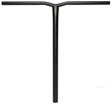 Made from Grade 9 Titanium, the Matt Black MGP MFX BAMF Oversized SCS Stunt Scooter Bar showcases a sleek, minimalist T-shape. It features slightly upward-angled ends on the horizontal bar and a small logo at the center of the vertical bar. This handlebar is an ideal match for Madd Gear (MGP) MFX scooters against its plain white backdrop.
