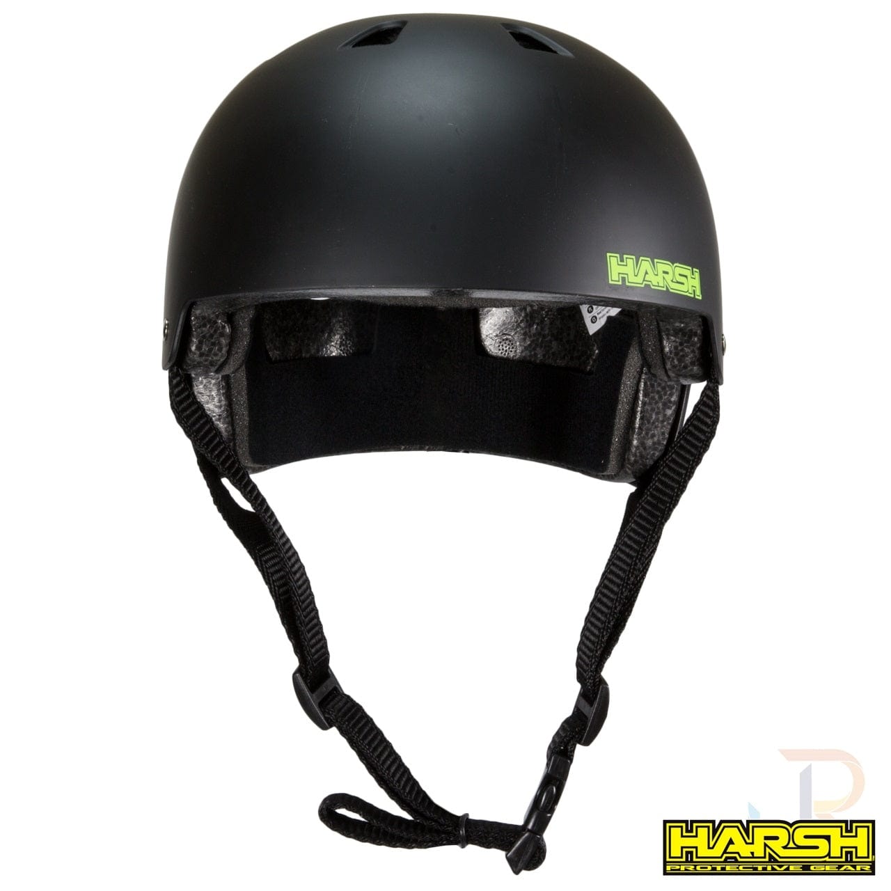 The Harsh ABS Skate / Scooter Helmet in Matt Black is designed with a smooth finish and top air vents for optimal high impact absorption. It includes an adjustable chin strap and showcases the "Harsh" logo in green and white on the side, making it ideal for scooter riding enthusiasts.