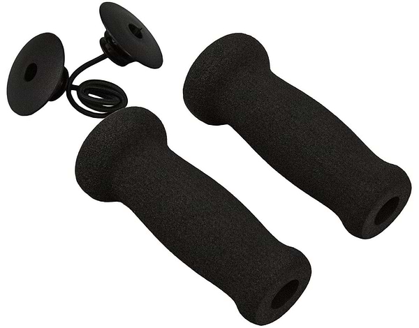 The JD Bug Original Street Foam Scooter Grips in black include two cylindrical handlebar grips and two disc-shaped end plugs with a coiled wire, designed for easy insertion. These are perfect for enhancing the comfort of your scooter rides.