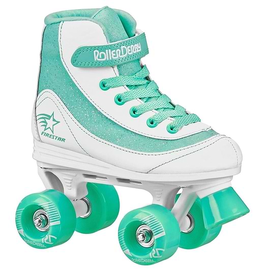 A Roller Derby Firestar V2 Quad Roller Skate with a high-top design in white and teal.