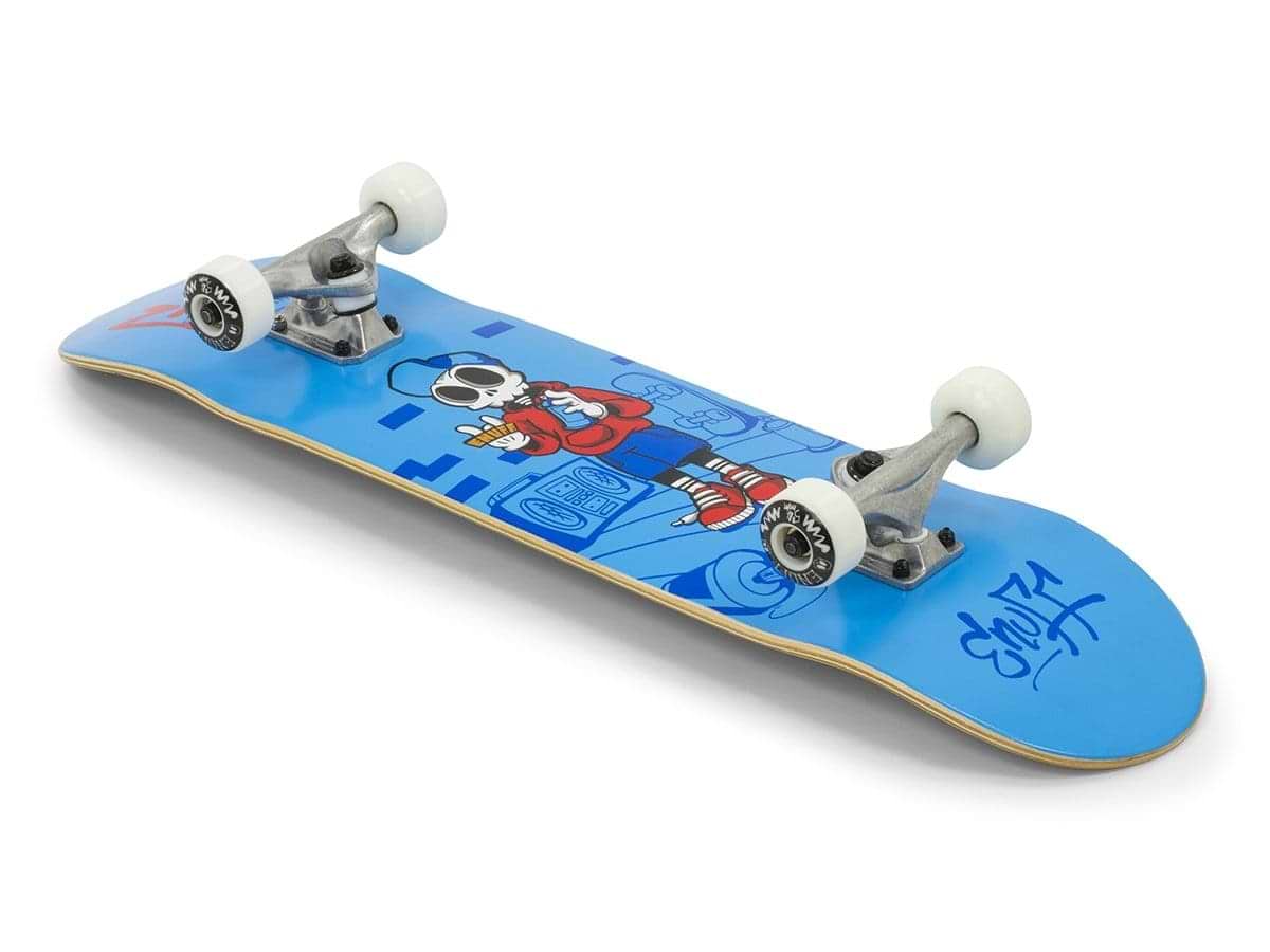 The Enuff Skully Blue Mini Complete Skateboard features a blue deck with white wheels and Enuff Decade trucks. A cartoon character wearing headphones and holding a boombox dances across the board, accompanied by graffiti-style text on one end.