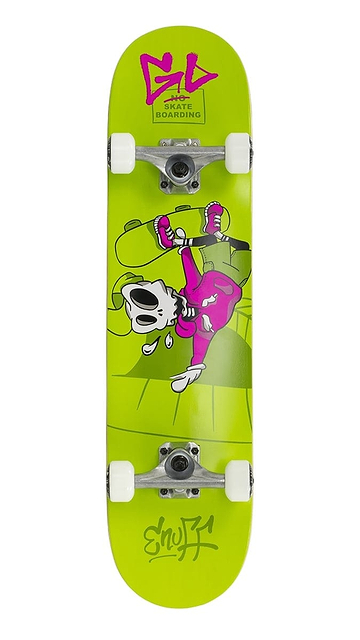The Enuff Skully Green Complete Skateboard - 7.75" x 31.5" by Enuff showcases a lively green 7-ply maple deck decorated with a cartoon graphic of an upside-down skateboarding dog in a pink outfit. Ideal for beginners, it features white wheels and trucks, along with the "SKATEBOARDING" inscription at the top.