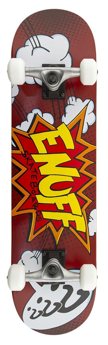 Introducing the Enuff POW Red Complete Skateboard, featuring a 7.75" x 31.5" red maple deck adorned with a vibrant comic-style graphic. The design prominently displays the word "ENUFF" in bold yellow letters with a burst effect, set against a backdrop of white clouds and abstract patterns. Equipped with white wheels mounted on silver Enuff Decade trucks, this skateboard is both stylish and reliable.