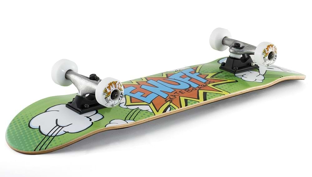 The Enuff POW Green Mini Complete Skateboard, measuring 7.25" x 29.5", offers an entry-level experience with its vibrant green 7-ply maple deck adorned with cartoon-style graphics featuring clouds and "ENUFF" prominently displayed in bold letters. Equipped with Enuff Decade trucks and white wheels, it provides the ideal blend of style and performance for riders.