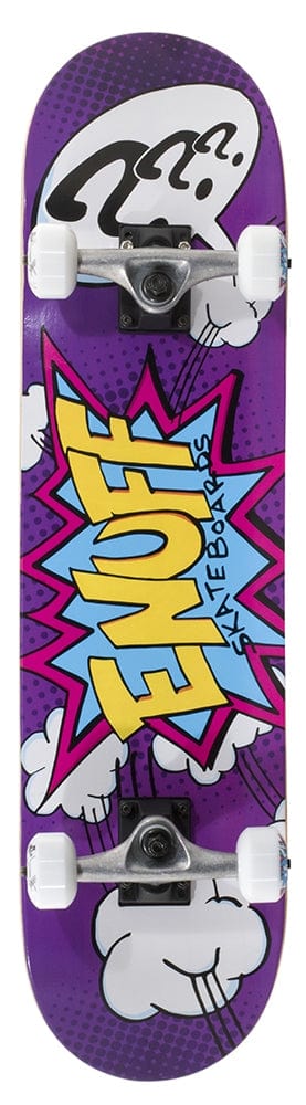 The Enuff POW Purple Mini Complete Skateboard, measuring 7.25" x 29.5", is an entry-level skateboard featuring a colorful comic-style design. The maple deck showcases the word "LOVE" in bold yellow letters, surrounded by blue and pink bursts, white clouds, and abstract shapes. It rolls smoothly on 54mm wheels.