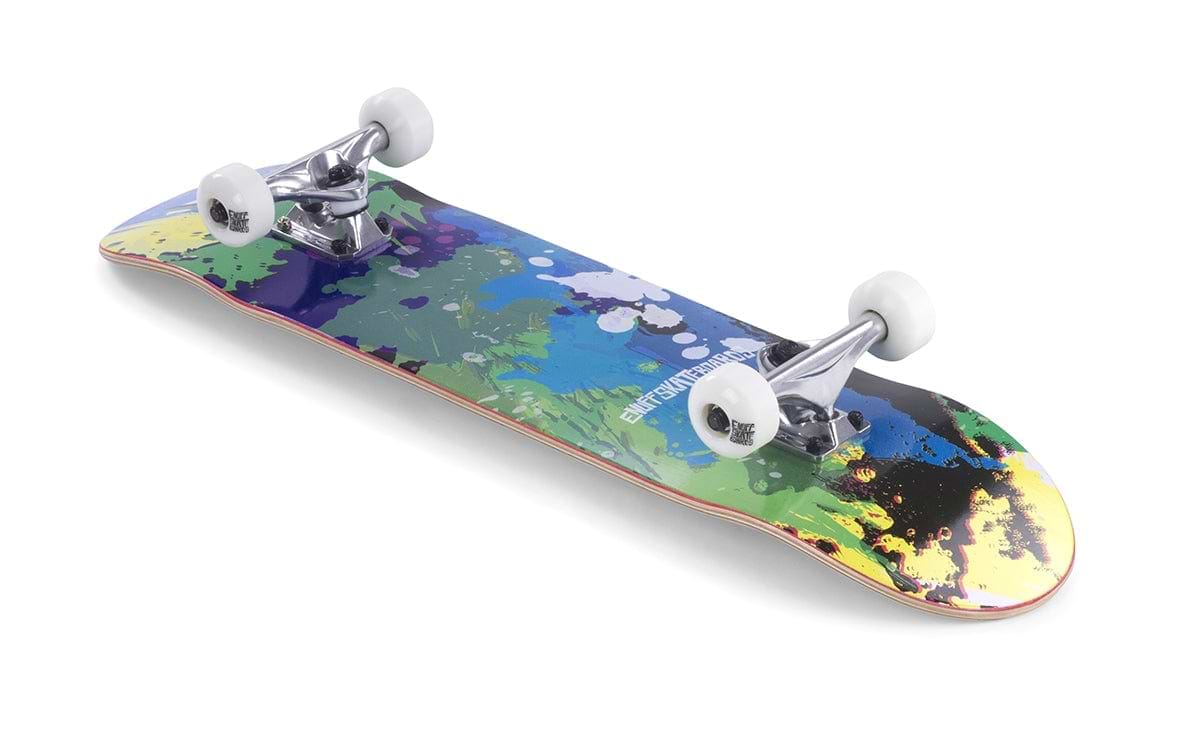 The Enuff Splat Green / Blue Complete Skateboard - 7.75" x 31.5" features a lively abstract paint splatter design on its durable 7-ply maple deck. Equipped with silver trucks and white wheels, this board is ideal for beginner skateboard enthusiasts. The phrase "ENJORITYOURSTAYCATION" is prominently displayed against the backdrop of a clean white canvas.