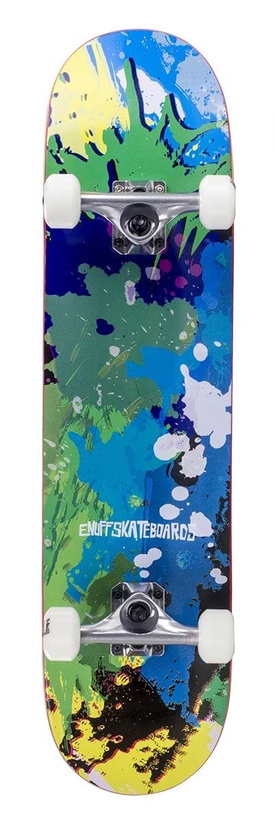 The Enuff Splat Green/Blue Complete Skateboard - 7.75" x 31.5" is an ideal choice for beginners, featuring a lively abstract design with colorful splashes of blue, green, yellow, and white. Its 7-ply maple deck prominently displays "ENUFF SKATEBOARDS," paired with sleek white wheels and silver trucks for a polished look.