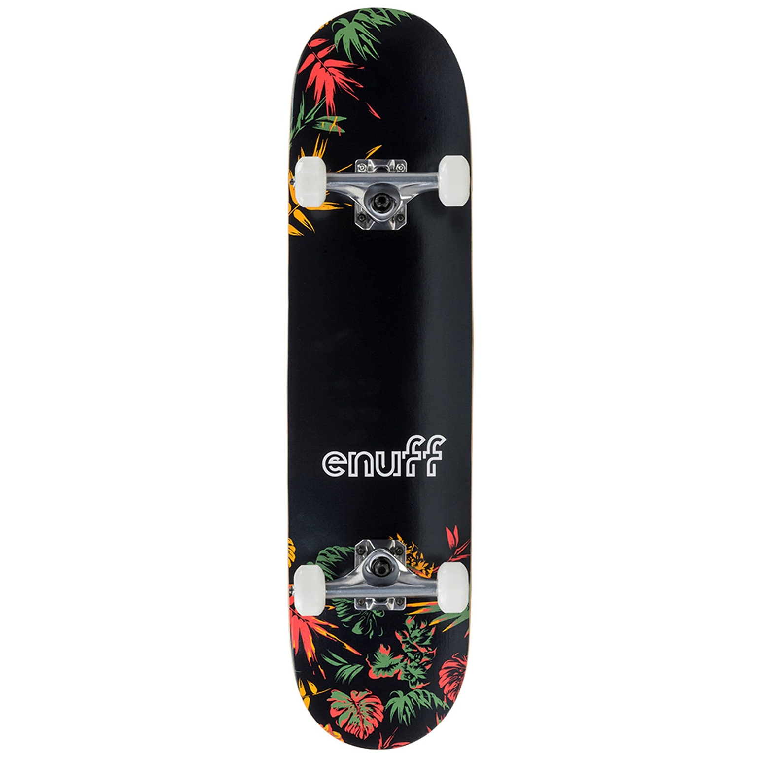 The Enuff Floral Black / Orange Complete Skateboard - 7.75" x 31.5" features a black, 7-ply maple deck with eye-catching tropical leaf patterns and the word "Enuff" in bold white letters. Outfitted with ABEC 7 bearings and sleek white wheels, this skateboard is crafted for both style and performance.