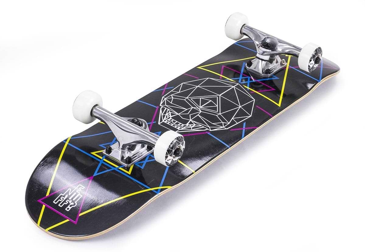 The Enuff Geo Skull CMYK Black Complete Skateboard - 8" x 32" features a black deck adorned with a striking Geo Skull design and vibrant neon lines. Silver trucks and white wheels enhance its bold look, making it an excellent choice for your skateboarding adventures. Photographed at an angle on a white background, it embodies both style and functionality.