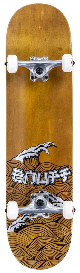 The Enuff Big Wave Brown / Silver Complete Skateboard features a durable 7-ply maple deck adorned with a captivating graphic of ocean waves and the brand name "Enuff" in white letters. Equipped with ABEC 7 bearings, white wheels, and silver trucks, it delivers both style and performance for smooth rides.