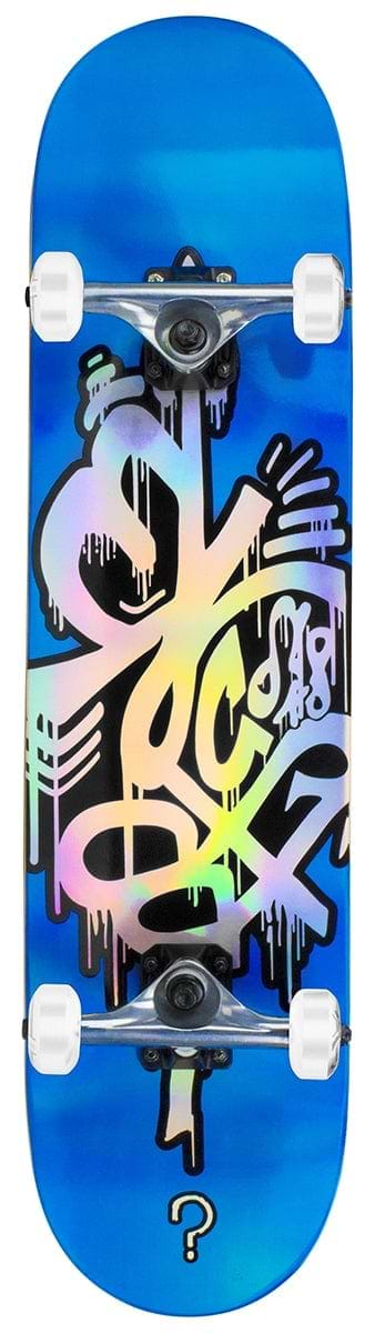 The Enuff Hologram Blue Complete Skateboard - 8" x 32" from Enuff showcases a vibrant blue Canadian maple deck with a colorful, abstract graffiti design. It includes ABEC 7 bearings for smooth rides and features bold shapes in yellow, pink, and purple. The skateboard is completed with white wheels and silver trucks, making it a striking choice.