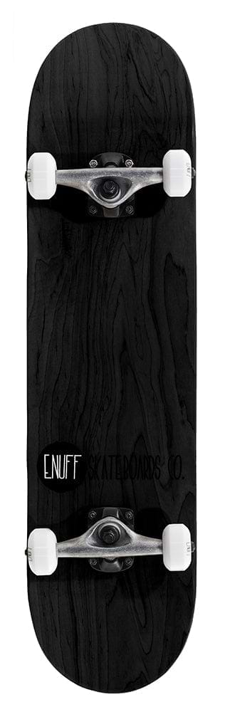 A black Enuff Logo Stain Complete Skateboard, made from Canadian Maple and measuring 8" x 32", viewed from above. It features a textured wood grain design on the deck with the Enuff logo printed in white. The skateboard is equipped with white wheels, metal trucks, and smooth ABEC 7 bearings for a superior ride.
