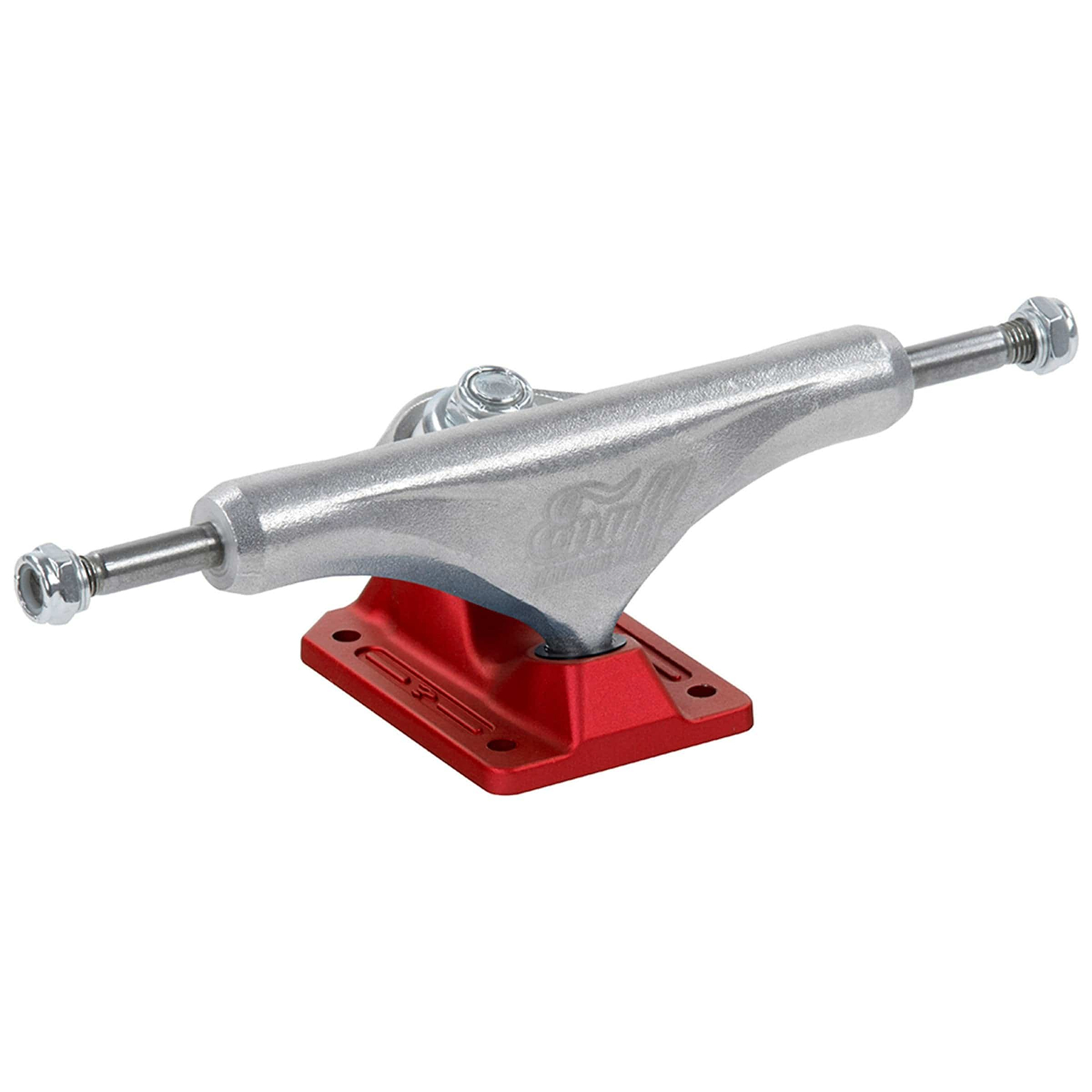 The Enuff Decade Pro Satin Red Skateboard Trucks (Pair) - 139mm come with a striking satin-finished silver hanger and a vibrant red base plate. The heat-treated base plate, adorned with a sleek Enuff logo, ensures durability and is ideal for attaching wheels and bearings.