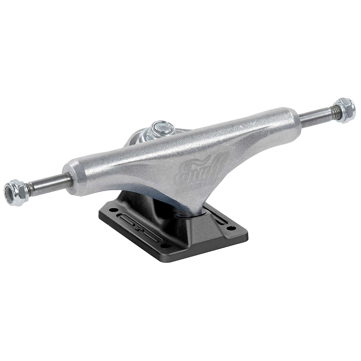Close-up of an Enuff Decade Pro Satin Black Skateboard Truck, featuring a high-quality black baseplate. The truck displays a satin finish, gleaming against the white background.