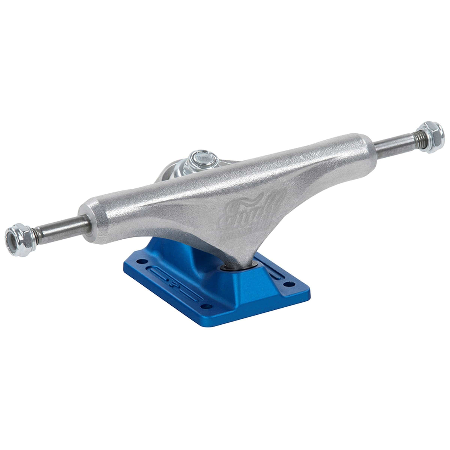The Enuff Decade Pro Satin Blue Skateboard Trucks (Pair) - 139mm showcase a heat-treated silver body with a blue baseplate, proudly displaying the Enuff Decade logo on the hanger and featuring visible axle nuts for enhanced durability.