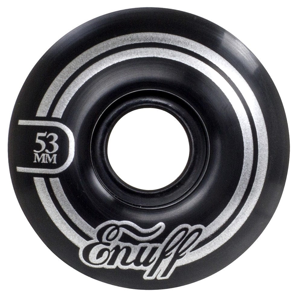 The Enuff Refresher II 53mm Skateboard Wheels in black showcase silver concentric circles and the stylish "Enuff" script, highlighting their cutting-edge Refresher formula for peak performance.