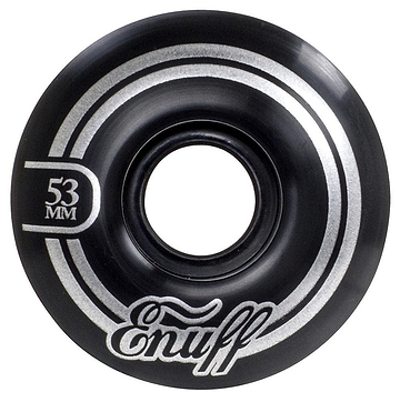 The Enuff Refresher II 53mm Skateboard Wheels in black showcase silver concentric circles and the stylish "Enuff" script, highlighting their cutting-edge Refresher formula for peak performance.