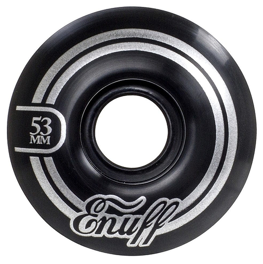 The Enuff Refresher II 53mm Skateboard Wheels in black showcase silver concentric circles and the stylish "Enuff" script, highlighting their cutting-edge Refresher formula for peak performance.