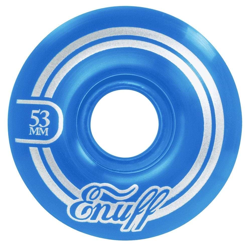 The Enuff Refresher II 53mm Skateboard Wheels in Blue showcase silver stripes with the "Enuff" branding, designed using the Refresher formula. Ideal for anyone looking for premium quality skateboard wheels.