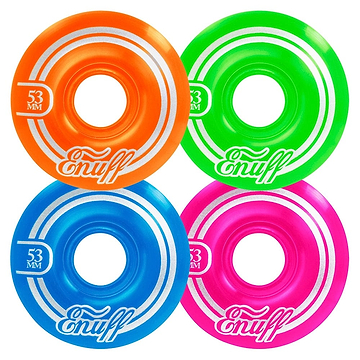 A set of four colorful skateboard wheels, called the Enuff Refresher II 53mm Skateboard Wheels - Disco, each feature the brand "Enuff" and measure 53mm. The orange, green, blue, and pink wheels are displayed in a 2x2 layout. They have white stripes, a shiny finish, and are crafted with a durable 55D formula for improved performance.