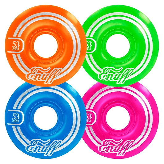 A set of four colorful skateboard wheels, called the Enuff Refresher II 53mm Skateboard Wheels - Disco, each feature the brand "Enuff" and measure 53mm. The orange, green, blue, and pink wheels are displayed in a 2x2 layout. They have white stripes, a shiny finish, and are crafted with a durable 55D formula for improved performance.