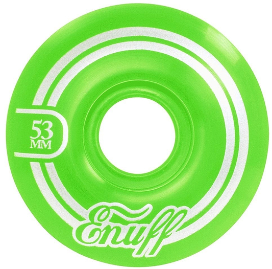 A vivid green skateboard wheel adorned with white stripes, showcasing the "53 MM" and "Enuff" branding in white lettering, designed with the 55D Formula for improved performance. This is the Enuff Refresher II 53mm Skateboard Wheel.