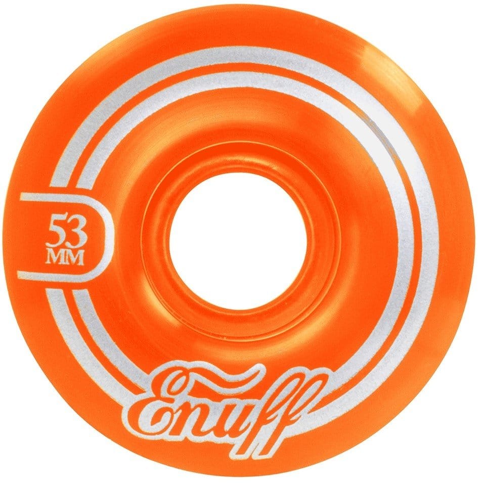 An Enuff Refresher II 53mm skateboard wheel in orange features the brand name prominently and is enhanced by sleek circular lines around the center, showcasing its refreshing aesthetic appeal.