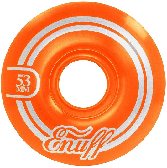 An Enuff Refresher II 53mm skateboard wheel in orange features the brand name prominently and is enhanced by sleek circular lines around the center, showcasing its refreshing aesthetic appeal.