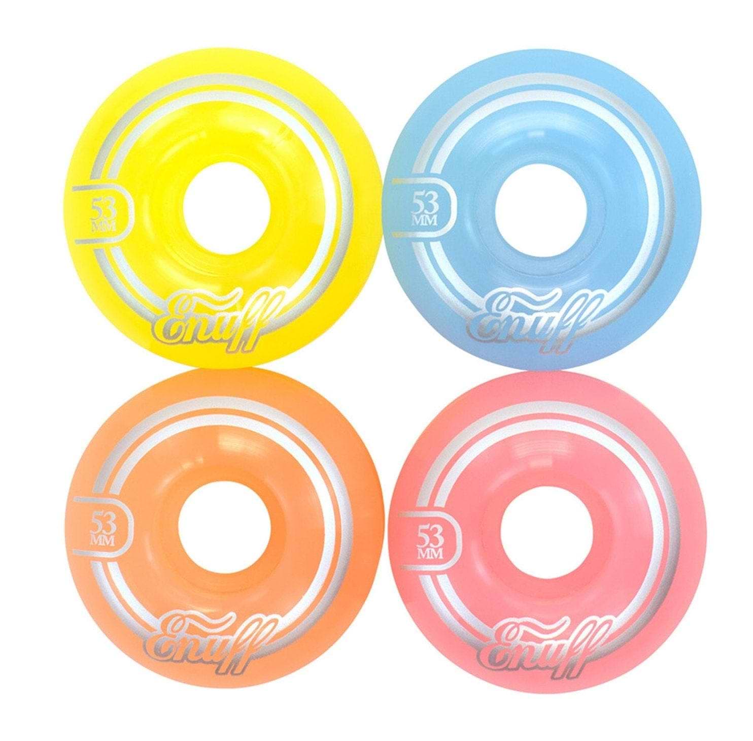 The Enuff Refresher II 53mm Skateboard Wheels in the Pastel Mix collection are artfully displayed in a square arrangement, highlighting their vibrant hues of bright yellow, light blue, orange, and pink. Each wheel is adorned with white stripes and the inscription "Enuff 53 MM.