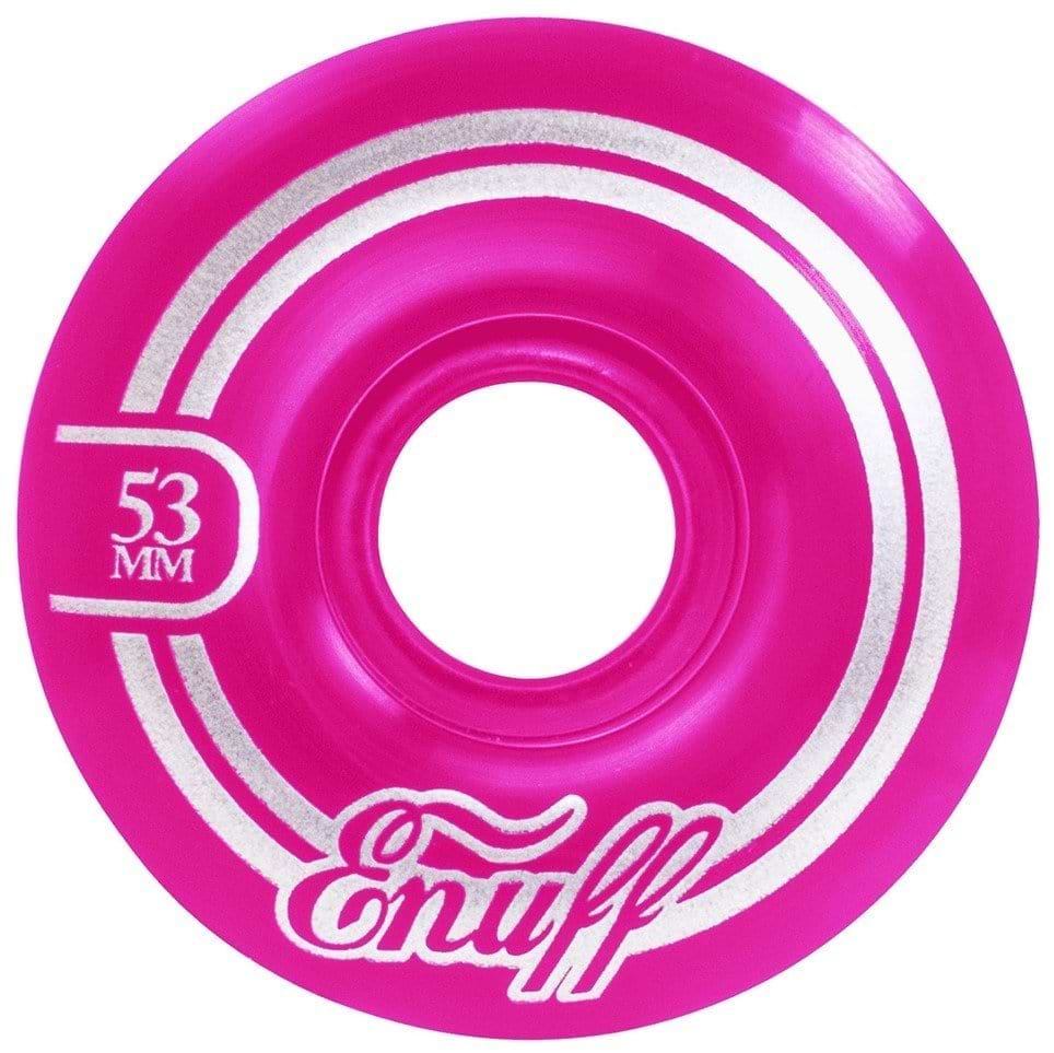 Enuff Refresher II 53mm Skateboard Wheels in bright pink feature white concentric circle designs and the text "53 MM" and "Enuff" in white lettering. Made with the 55D Formula, these wheels ensure a smooth ride for all skaters.