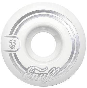 A white Enuff Refresher II 53mm skateboard wheel adorned with silver details and the brand "Enuff" inscribed on it. Designed with a 55D formula, it offers a simple yet functional aesthetic.