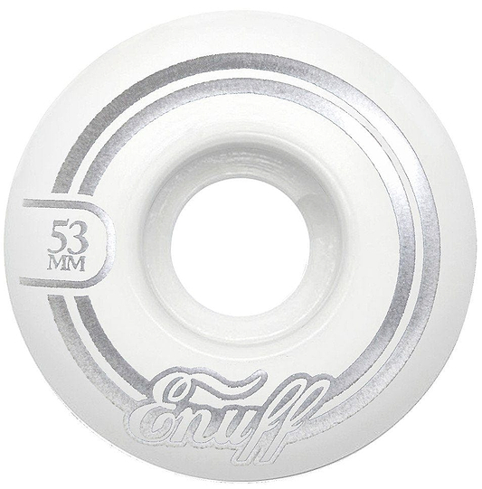 A white Enuff Refresher II 53mm skateboard wheel adorned with silver details and the brand "Enuff" inscribed on it. Designed with a 55D formula, it offers a simple yet functional aesthetic.