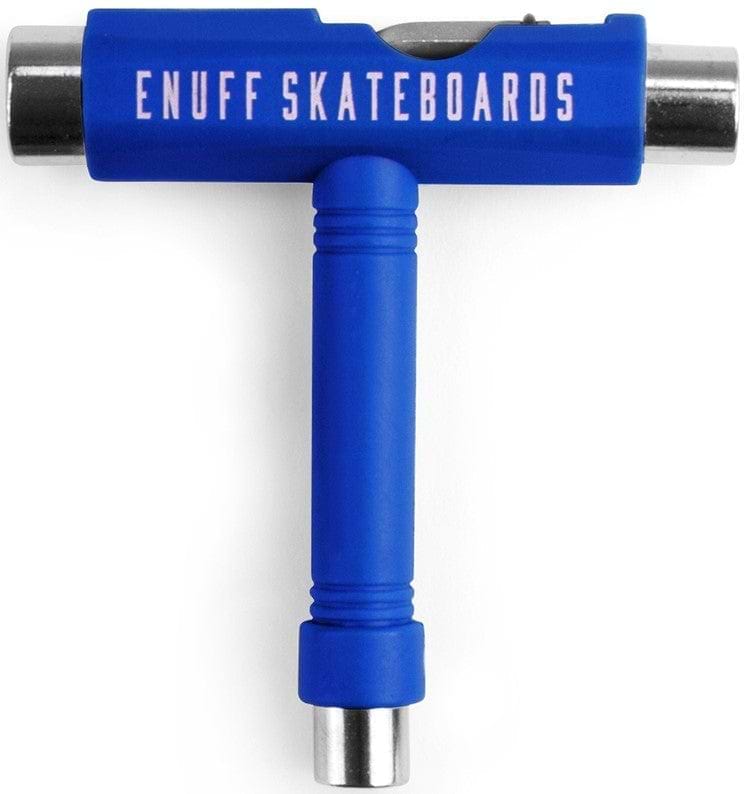 The Enuff Essential Skateboard Multi T-Tool - Blue, by Enuff, is a convenient tool designed with a T-shape for optimal skateboard maintenance. It showcases the "ENUFF SKATEBOARDS" text and offers various socket sizes to easily adjust skateboard components.
