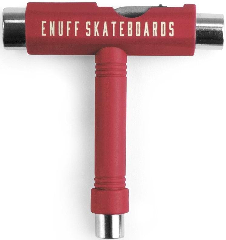 This Enuff Essential Skateboard Multi T-Tool is a red, T-shaped marvel for skateboard maintenance. Featuring the brand "Enuff" prominently, it includes various sockets and an Allen key for precise adjustments.