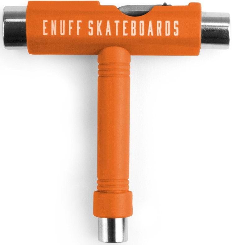 The Enuff Essential Skateboard Multi T-Tool in bold orange features the "Enuff" brand on its top bar and includes versatile metal sockets to cater to all your skateboarding needs.
